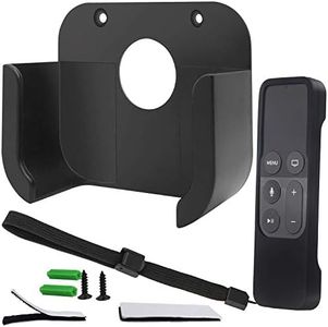 Wall Mount Bracket Holder with Remote Cover Compatible for Apple TV4 4K - Pinowu TV Mount and Siri Remote Protective Case Suitable for Apple TV 4/4K[5th Gen] (Black)