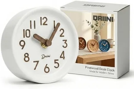 Driini Wooden Analog Desktop Clock – 4.3 in. Decorative Pinewood Clock, No-Tick Design – Easy to Read Silent Sweep Mantle Clock – Quiet Tabletop Clocks with Wood Body, Hands, & Battery Cover; White