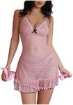 OYOANGLE Women's Lingerie Polka Dots Sheer Babydoll Strap Chemise 2 Piece Sleepwear Outfits Pink Medium