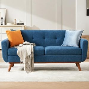 Kingfun 65.3" W Loveseat Sofa, Mid Century Modern Decor Love Seat Couches for Living Room, Button Tufted Upholstered Furniture, Solid & Easy to Install Small Couch for Bedroom Office Apartment, Blue