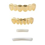 24K Gold Plated Hip Hop Teeth Grillz Punk Custom Fit Polished Teeth Grillz Caps Top & Bottom Grill Set with 2 Silicon Molding Bars Removable Grills For Women Men Gift Halloween Party, Medium, brass,