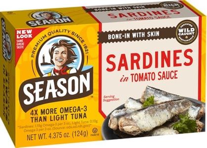 Season Sardines in Tomato Sauce - Wild Caught, 22g of Protein, Keto Snacks, More Omega 3's Than Tuna, Kosher, High in Calcium, Canned Sardines - 4.37 Oz Tins, 12-Pack