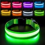 PcEoTllar Light Up Dog Collar, Lighted Dog Collar Rechargeable 7 Colors, LED Dog Collar with Light for Night Walking Waterproof & Adjustable for Small Medium Large Dogs, Green(7 Modes)-M