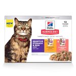 Hill's Science Diet Adult Sensitive Stomach & Skin Wet Cat Food Pouch Variety Pack, Chicken & Beef, Tuna & Salmon, 2.8 oz., 12-Pack
