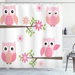 Ambesonne Owls Home Decor Shower Curtain Set, Cute Baby Owls Waving in the Floral Tree Springtime Artful Girly Design Print, Bathroom Accessories, 75 Inches Long, Pink Green White