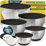 Baker's Signature Stainless Steel Mixing Bowls with Lids Set, 5 Sizes, 3 Graters, Non-Slip Base, Airtight Lids, Metal Mixing Bowls for Kitchen, Food Prep, Storage, 0.63QT-5QT, Black