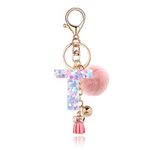 QUKE Alphabet Initial Letter Keychain for Women Girls Resin Keyring for Purse School Bag With Pink Fur Ball Pom - T