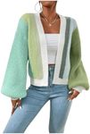 SHENHE Women's Color Block Open Front Long Sleeve Ribbed Knit Cropped Cardigan Sweaters Green Blue M