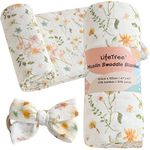 LifeTree Baby Muslin Swaddle Blankets for Boys & Girls, Newborn Swaddle Set with Matching Headband Bow, Neutral Infant Receiving Blanket Swaddle Wrap, 47 x 47 inches, Floral Motif