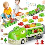 Funwee Dinosaur Truck Toys for 2 3 4 5 6 7 Year Boy Toddler, Foldable Track & 2 Player Race Mode, Light & Sound Transport Carrier W/ 6 Dino Car & 12 Accessories, Birthday Gift Idea for Kids Girls