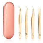 Q&D LASH Tweezers for Eyelash Extensions Tweezers Set of 4 with Box Stainless Steel Straight and Curved Tweezers Tweezers Kits for Jewelry Nail Work 4Pcs