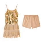 LOLANTA Girls Sequin Fringe Dance Costume, Kids Salsa Rumba Latin Dancing Clothes Set, Sparkling Sleeveless Tassel Dance Mini Dress with Shorts, Gold, 11-12 Years, 160