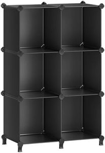 SONGMICS 6 Cube Storage Organizer, DIY Closet Shelf, Plastic Clothes Organizer, Modular Bookcase, 11.8 x 11.8 x 11.8 Inch Cubes, with Feet and Rubber Mallet, Black ULPC06H