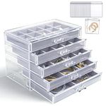 KAMIER Earring Holder Organizer Box with 5 Drawers, Clear Acrylic Jewellery Storage Box for Women, Includes 20 Portable Clear Bags for Earrings, Rings, Bracelets, Necklaces, Gray