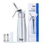 ICO Professional Aluminum Whipped Cream Dispenser 1-Pint for Homemade Whipping Cream with 3 Stainless Steel Decorating Nozzles & Cleaning Brush, perfect for Desserts, Dips, Sauces, and Infused Liquors