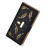 INOVERA (LABEL) Black Vegan Leather Women's Leaf Bi-fold Card Coin Holder Long Purse Clutch Wallet (KK22)