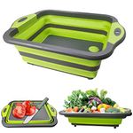 Green Collapsible Cutting Board with Colander, Multifunction Silicone Folding Chopping Board Dish Tub Basin Food Strainer Storage Basket, Draining & Washing Vegetables Fruits Pasta