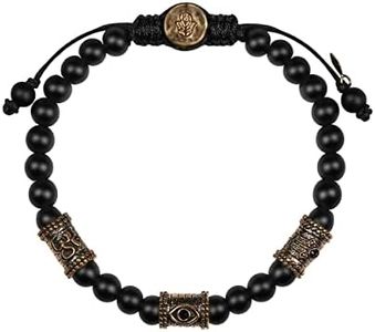 KARMA AND LUCK - Grounding Force - Triple Protection (Om, Hamsa & Evil Eye) Symbols Genuine Gemstones Macrame Bracelet for Men - Ready to Gift for Him. Size: Adjustable from 7" to 9". (Onyx)