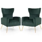 Giantex Velvet Accent Chair Set of 2, Upholstered Tufted Wingback Arm Chair w/Lumbar Pillow, Golden Metal Legs, Mid Century Modern Single Sofa Chair for Living Room Bedroom, Max Load 400 LBS, Green