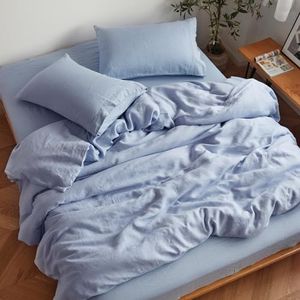Sijo Stone Washed Organic French Linen Bed Sheet Set, GOTS Certified Organic, Best Cooling Linen Sheet Award by Sleep Foundation, 4 Piece - 2 Pillowcases, 1 Fitted and 1 Flat (Sky, King)