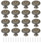 YEYIT 16Pcs Antique Bronze Door Knobs for Cupboards, Round Drawer Knobs, Single Hole Cupboard Handle, Mushroom Drawer Handle 30MM Aluminum Alloy Flower Pattern Handle Knobs for Drawers with Screws