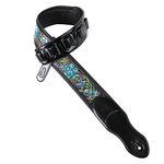 Walker And Williams KB-11 Gloss Black Strap With Carved Cyan Blue Roses On Thick Carving Leather For Acoustic, Electric, And Bass Guitars, Blue, Large