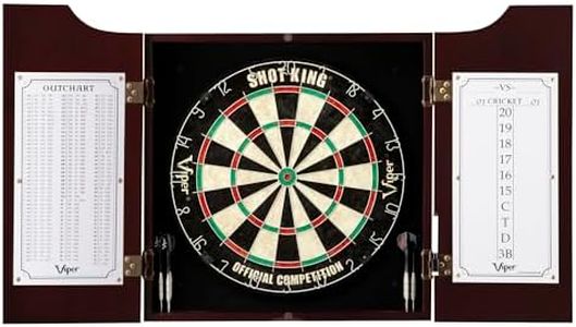 Viper by GLD Products Hudson All-in-One Dart Center: Classic Solid Wood Cabinet & Official Sisal/Bristle Dartboard Bundle: Standard Set (Shot King Dartboard), Mahogany Finish, One Size