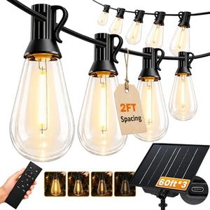 Patifaire Solar String Lights Outdoor Waterproof, 180FT 78 LED S14 Shatterproof Edison Bulbs, 2FT Spacing, 3 Modes, Dimmable, Timer, USB Solar Powered Hanging Patio Lights for Outside, Backyard, Porch