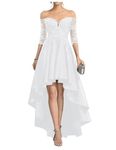 BessDress High Low Prom Dress with Sleeves Satin Off Shoulder Cocktail Dress A Line Formal Evening Gown PM233, A-white, 24