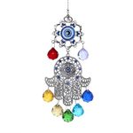 HDCRYSTALGIFTS Chakra Energy Crystal Ball Suncatcher Window Hanging, Hamsa Hand with Blue Evil Eye Protection Hanging Crystal Sun Catcher For Home Garden Decor