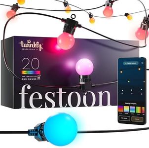 Twinkly Festoon 20 LED RGB, Light Chain with 20 LED Bulbs, Multicolor RGB Outdoor and Indoor Lights, Compatible with Alexa, Google Home, Gaming Lights, IP44, Controlled by App, Black Cable, 10m
