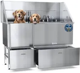 KANIS Professional Stainless Steel Dog Bathing Station - Dog Grooming Tub w/Ramp, 2 Storage Drawers, Floor Grate & Faucet/Dog Bathtub for Large, Medium & Small Pets (61", Left RAMP - 2 Drawers)