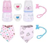 BABESIDE Baby Doll Bottles Set with Bibs, Pacifiers, and Pacifier Clips Chain - Cute Feeding Set for Reborn Dolls, 8 Pcs