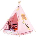 Shopurb Kids Teepee Tent Foldable Children Play Tent - Deluxe 100% Cotton Canvas Play House Full Canvas Decoration.Indoor Outdoor Climbers, Tough Built to Last. Perfect for Boys Girls (Pink)