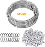 TooTaci 3mm Wire Rope Kit, 30M/ 3mm Stainless Steel Coated Cable Wire Rope, 1/8 Steel Cable with 50pcs Crimping Sleeves, 20pcs Steel Thimbles for Garden Wire, Fence Wire, Strings Light