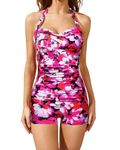 Tempt Me Women Tummy Control One Piece Swimsuits with Shorts Boyleg Retro Bathing Suit Halter Swimwear, Pink White Flower, Large