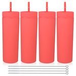 Volhoply 20oz Plastic Skinny Tumblers Bulk 4 Pack,Double Wall Tumbler with Lid and Straw,Reusable Travel Iced Coffee Mug,BPA Free Matte Acrylic Water Cups with Straw for Parties,DIY Gifts(Red, 4 Set）