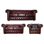 CK Chesterfield 100% Genuine Leather 3+2 Seater Sofas + Club Chair Set (Oxblood Red)