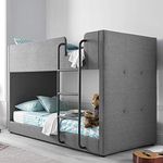 Kids Bunk Bed, Happy Beds Saturn Grey Fabric Modern Twin Sleeper - 3ft Single (90 x 190 cm) with 2 x Pocket Sprung Mattresses Included