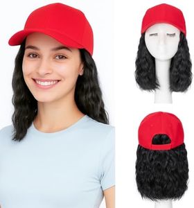 SEGO Hat Wig, Hat with Hair Attached for Women Red Baseball Cap with Hair Extensions, Short Curly Bob Baseball Cap Wig Adjustable Hats for Daily Party 8 Inch #1