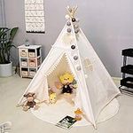 Triclicks Kids Teepee Play Tent - Indian Wigwam Children Tipi Play House - 100% Cotton Canvas Princess Girls Tent for Indoor and Outdoor (White Style C)