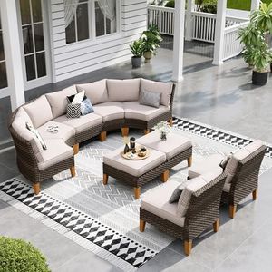 Sophia & William Outdoor Wicker Sectional Sofa Set, Half Moon Curved Patio Furniture Set with Ottman, High Back Rattan Patio Conversation Set for Outside, Porch, Pool(Beige, 9 Piece)