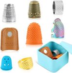 Sewing Thimble Set with Storage Box, Variety of Sizes and Types Metal Copper Sewing Thimble, Premium Finger Protector, Ideal Sewing Tools for DIY Projects (9Pcs)