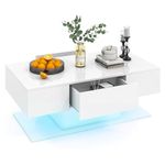 Multigot LED Coffee Table, 2-Tier High Gloss Rectangle Snack Tea Table with 20 RGB LED Lights, Adjustable Brightness & Speed and 2 Drawers, Wooden Cocktail Center Side Table for Living Room (White)