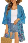 Women's Puff Sleeve Kimono Cardigan Floral Print Beach Coverup Loose Casual Top Blouse(Blue Purple Flower,S)