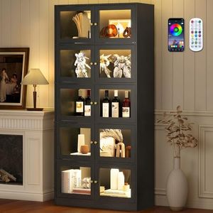 Lamtor 68" Display Cabinet with Glass Doors - 5-Tier Tall Curio Cabinet for Collectibles, Modern Glass Display Case with RGB LED Lights for Kitchen and Living Room, Black
