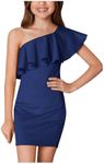 WDIRARA Girl's One Shoulder Ruffle Trim Flounce Sleeve Pencil Party Birthday Dress Royal Blue Solid 11Y