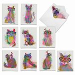 The Best Card Company - 10 Watercolor Blank Cards with Envelopes (4 x 5.12 Inch) Cute Animals, All Occasion Note Cards for Kids - Funky Rainbow Cats AM6199OCB-B1x10