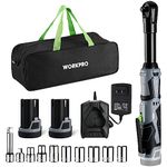 WORKPRO Cordless Electric Ratchet Wrench with Extended Head, 3/8" 12V 40 Ft-lbs Power Ratchet Wrench Kit with 10-Piece Socket Accessory Set, 1-Hour Fast Charger, 2-Pack 2.0Ah Lithium-Ion Batteries