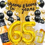 65th Birthday Decorations for Men, 65 Birthday Decorations with 40 Inch Gold 65 Number Balloons, Cheers to 65 Years Banner,Fringe Curtains and Cups Foil Balloons